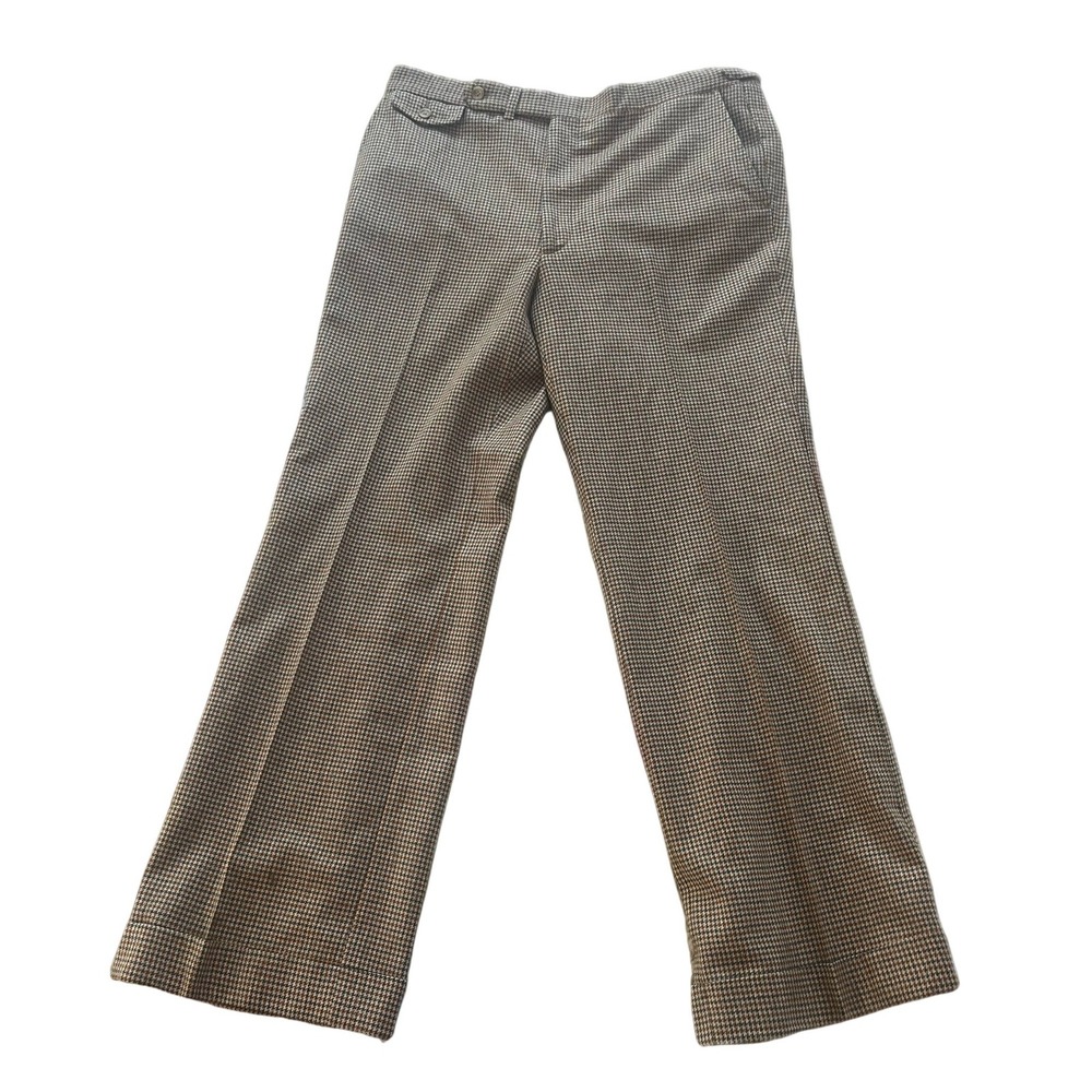 Vintage 70s Custom Four Seasons Tuscola Houndstooth Wool Trousers Brown 37x31